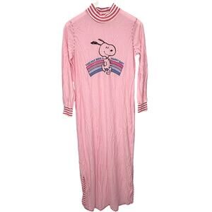 Vintage Snoopy Long Sleeve Nightgown Womens Small Pink Rainbow Maxi Stripe